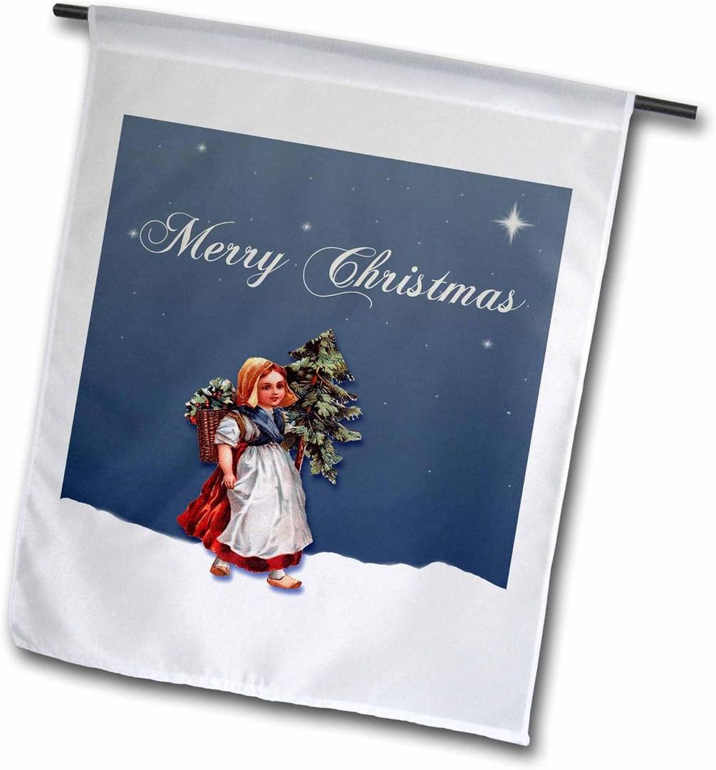 3dRose fl_170411_1 Cute Dutch Girl Carrying a Small Christmas Tree Under The Stars Garden Flag, 12 by 18-Inch