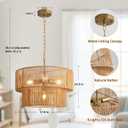 4-Light Boho Rattan Chandelier, 17.8" Rattan Pendant Light with 2-Tier Hand-Woven Shade, Farmhouse Hanging Ceiling Light Fixture for Dining Room, Living Room, Kitchen Island, Foyer