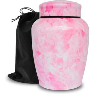 Pink Flower Marble Finish Decorative Urns for Human Ashes Adult Female up to 180 lbs, Stainless Steel Cremation Urn for Ashes for Women Mom Mother (Pink, Large, Memorial Love)