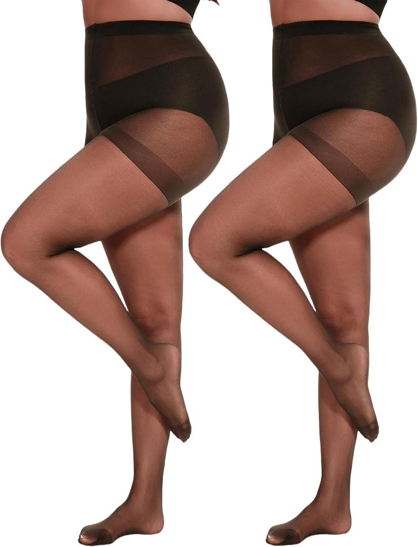 Citystl 2 Pairs Plus Size Sheer Tights for Women - 20D Black Tights Control Top Pantyhose with Reinforced Toes, Supple Feel (X-Large Plus, Caffeine)