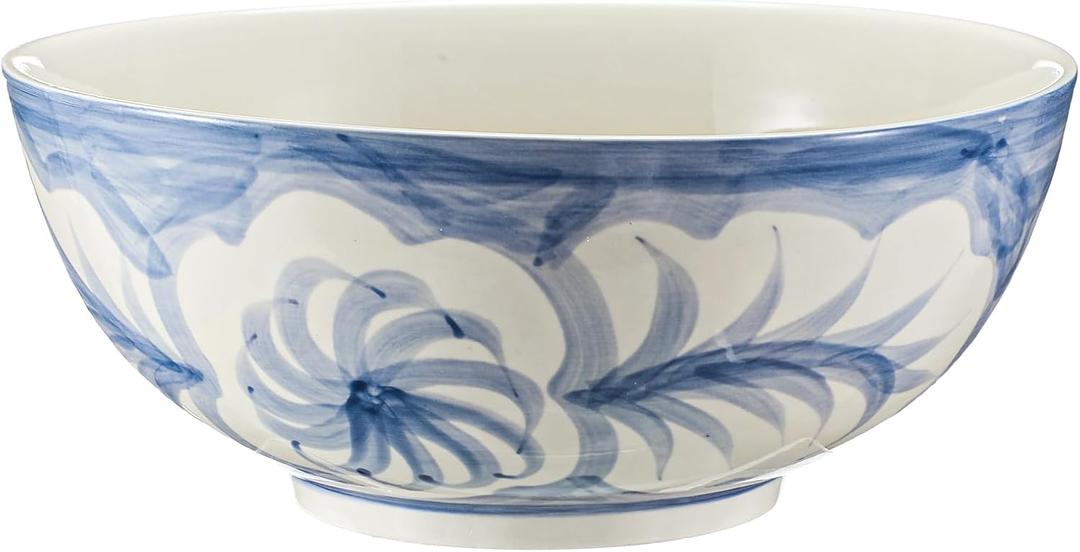 Maxdot Blue and White Bowl 10 x 5 Inch Large Hand Painted Stoneware Decorative Vase Bowl with Floral Chinoiserie Ceramic Design for Kitchen Centerpiece Creative Home Decor