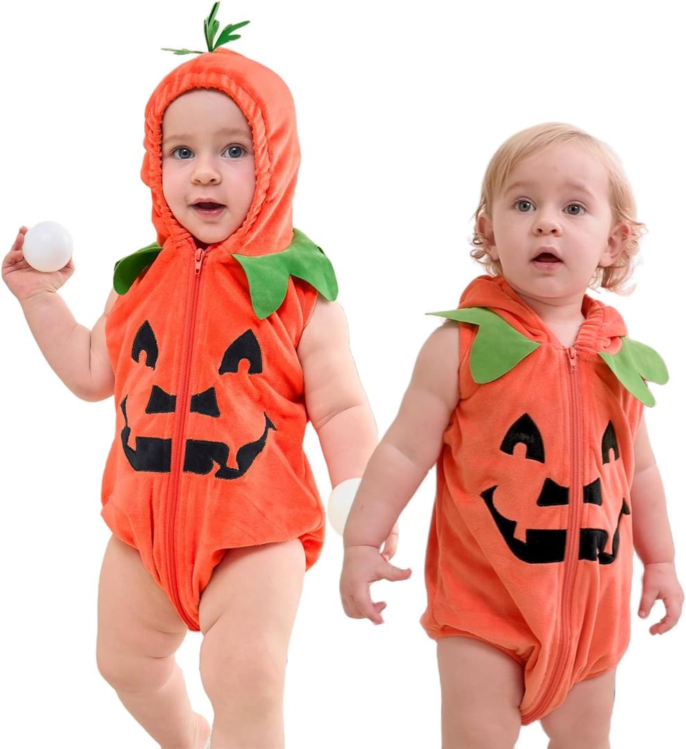 Infant Baby Halloween Pumpkin Costume Cute Newborn Toddler Pumpkin Costumes Halloween Outfit Romper for Kid Boys Girls (6-12 Months)