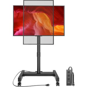 Perlegear Rolling TV Stand with Power Outlet for 26-50 inch TVs up to 55 lbs, Tilting Mobile TV Cart Portrait to Landscape, 8 Height Settings, Mobile TV Stand with Wheels, Max VESA 300x300mm, PGTVMC19