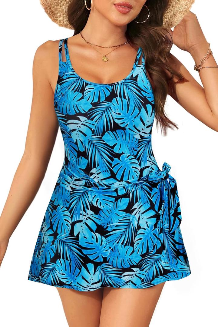 One Piece Swimdress for Women - Tummy Control Swimsuit with Skirt 2025 Wrap Tie Side Bathing Suit Dress (Small, Blue Leaves)