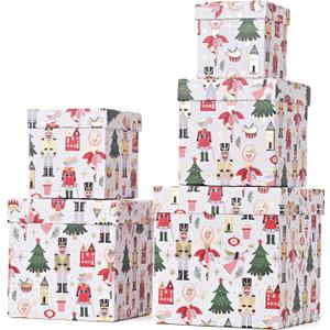 PAPER FAIR 5PCS Christmas Nesting Gift Boxes with Lid, Xmas Nested Box Set, 5 Sizes, Square Stackable, White Ballerina Nutcracker Paper Box Tower Décor, for Holiday Thanksgiving New Year Packaging