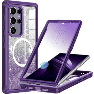 for Galaxy S24 Ultra Case,Compatible with MagSafe,Magnetic Glitter Case Built-in 9H Tempered Glass Screen Protector,Shockproof Protective Case for Samsung Galaxy S24 Ultra,All Purple