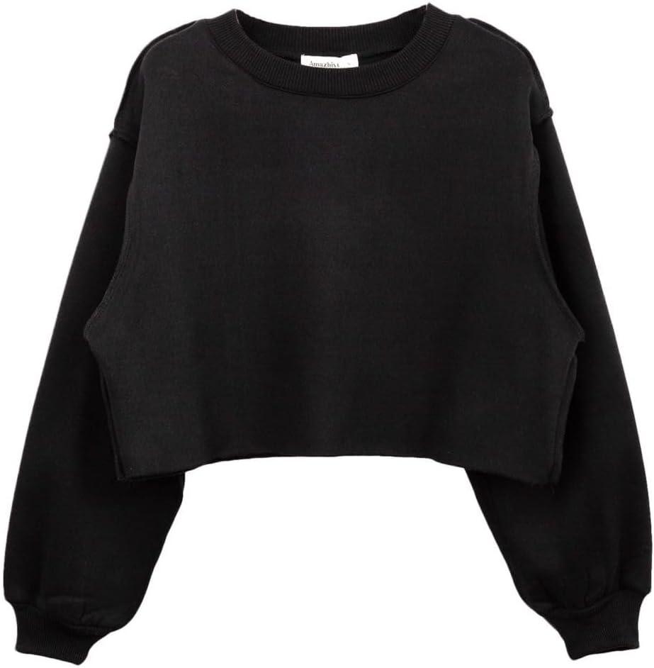 Amazhiyu Women Pullover Cropped Hoodies Long Sleeves Sweatshirts Casual Crop Tops for Fall Winter (Black, Medium)