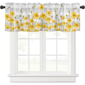 T&H XHome Kitchen Valances for Windows Yellow Floral Honey Bee Summer Flowers Grey Plaid 42" W x 12" L Window Valances Rod Pocket Short Curtains for Bathroom, Living Room, Bedroom, Farmhouse, Cafe