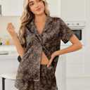 Ekouaer Womens Silk Satin Pajama Sets 2 Piece Button Down Silk Pjs Shorts Sets Short Sleeve Loungewear Soft Sleepwear S-XXL (Brown, L)