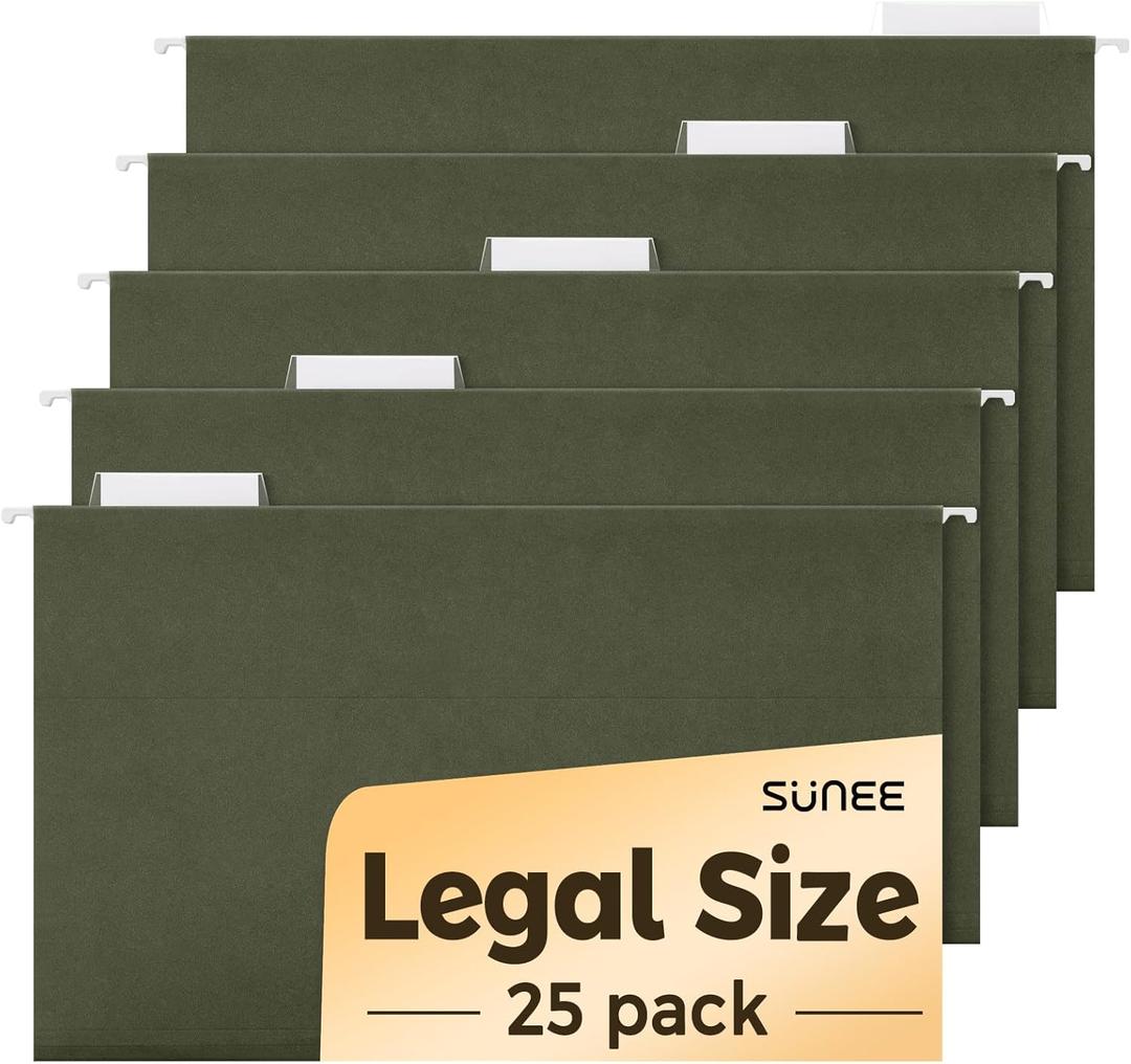 SUNEE Hanging File Folders Legal Size,25 Pack Reinforced Hang Folders, Adjustable 1/5-Cut Tabs, Designed for Bulky Files, Filing Cabinet, Standard Green