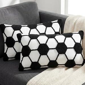 Hillsuren 2 Pcs Soccer Ball Velvet Pillow Covers 12 x 20 Inch 3D Tufted Black Soccer Embroidery Sports Theme Decorative Throw Cushion Case for Bedroom Sofa Living Room Couch Chair Home Decor
