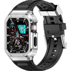 Band with Stainless Steel Case Compatible with Apple Watch Series 9 8 7 45mm Band, iwatch Bands Rugged Metal Protective Cover for Men (Silver)