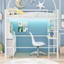 GarveeHome Loft Bed Twin Size with Desk, 4 Large Fabric Drawers and 2 Storage Shelves, Heavy Duty Metal Loft Bed with LED Lights & Charging Sation, Safety Guard & Ladder, No Box Spring Needed, White