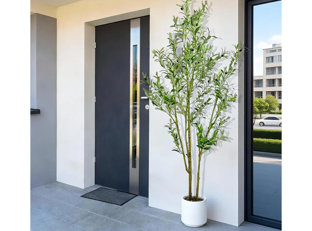 Artificial Fake Olive Tree 6FT Tall 1Pack with White Planter Faux Silk Olive Tree for Home Living Room Office Decor Faux Artificial Plants Indoor with Fruit & Free Moss