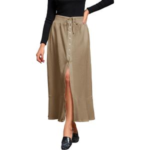 MAKABO Women's Maxi Pleated Skirt with Pockets, High Waisted A Line Long Skirts Button Down Business Casual Outfits (M)