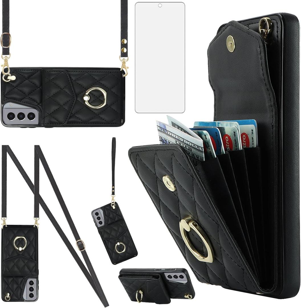 Asuwish Phone Case for Samsung Galaxy S21 5G 6.2 inch Wallet Cover with Tempered Glass Screen Protector and Wrist Strap Ring RFID Blocking Credit Card Holder Leather Cell S 21 21S G5 Women Girls Black