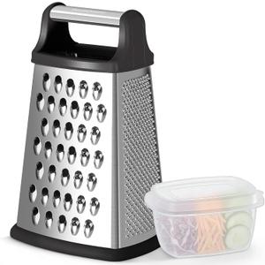 Ourokhome Cheese Grater, Handheld Box Grater with Container & Lid, 4-Sided Stainless Steel for Kitchen, Wavy Julienne, Slicer, Coarse Shred & Fine Zester, Non-Slip Base, Dishwasher Safe, 8 Inch
