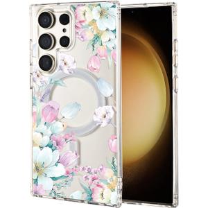 Tcaraersing Crystal Clear Flower Magnetic Case for Samsung Galaxy S23 Ultra MagSafe PC Back Cover Soft TPU Edges Slim Thin Shockproof Silicone Floral Pattern Girls Woman S23 Ultra 6.8'' Tulip Blossoms