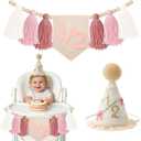 1/2 Birthday Girl, Boho Half birthday Hat with Bow & Pink High Chair Banner, Half Way to One Birthday Decorations