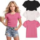 3 Pack Girl's Short Sleeve T-Shirts Cotton Ribbed Back to School Tops Crewneck Kids Puff Lettuce Trim Bow Tees