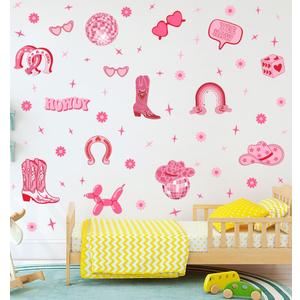 YIMEHDAN Pink Cowgirl Wall Decal, Boots Horseshoe Iron Hat Disco Ball Vinyl Wall Stickers, Removable Preppy Western Girls Artwork for Teen Bedroom Dormitory Decor