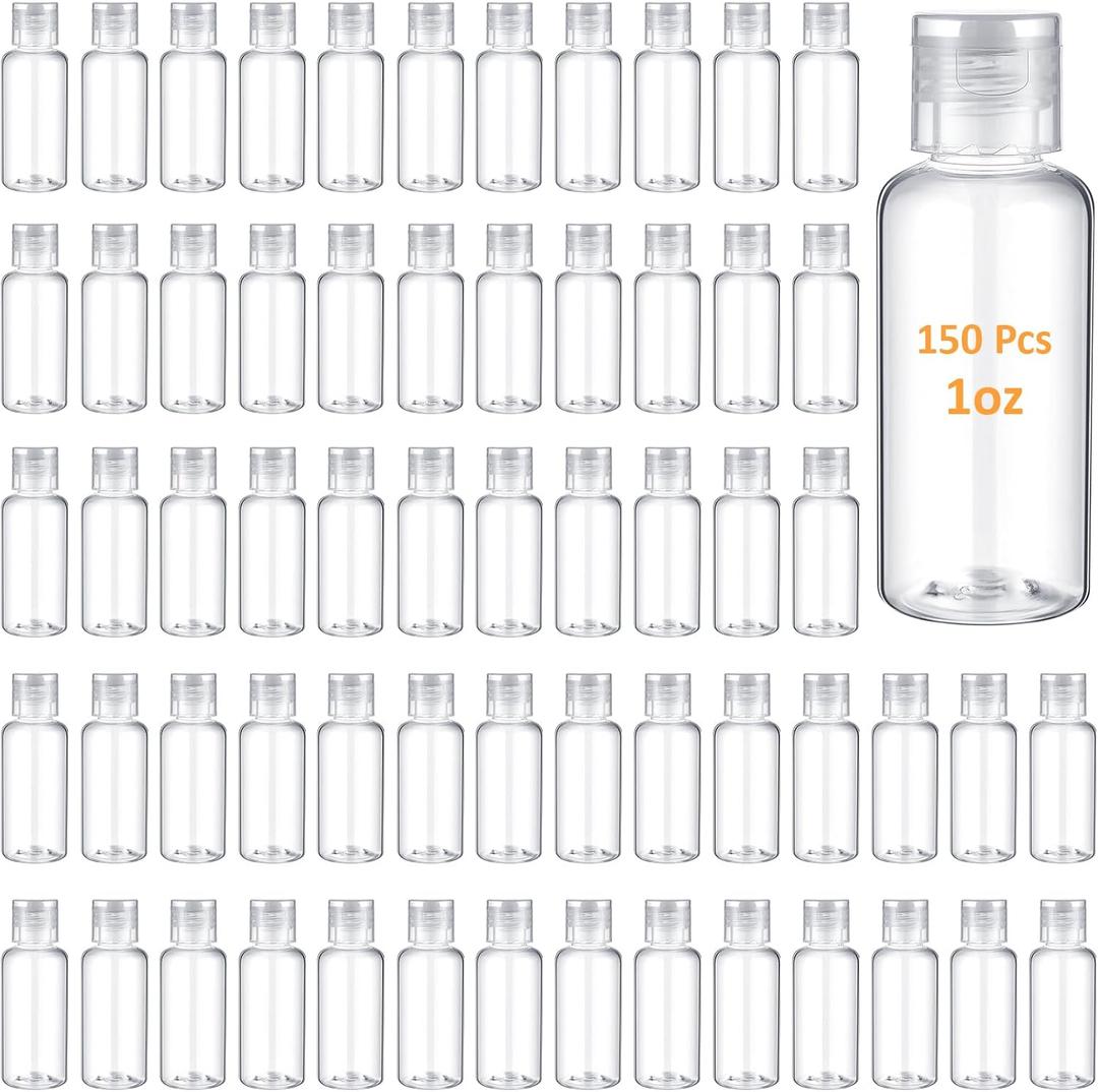 Mimorou 150 Pcs 1oz Travel Bottles Bulk for Toiletries Clear Small Travel Size Bottles Bulk Refillable Empty Containers for Shampoo Lotion Liquid Body Soap Cream Toiletries