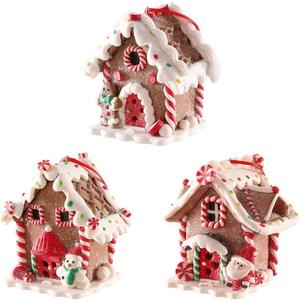 UAEYW 3Pcs Gingerbread House Ornaments for Christmas Tree Decorations Battery Operated Lighted LED Clay Hanging Candy House Ornament with Rope for Xmas Holiday Party New Year Home Decor