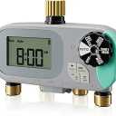 QUOBAS Sprinkler Timer for Garden Hose with Child Lock, Programmable Brass Digital Water Timer 4 Zone for Drip Irrigation, Pool, with Rain Delay/Auto/Manual, Waterproof Screen & Battery Powered
