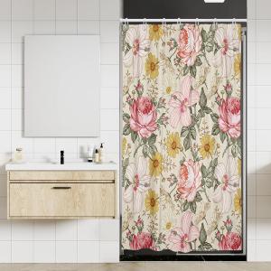 Coxila Pink Floral Shower Curtain 36x72 Inch Stall Half Mini Size Stand up Boho Vintage Flower Beige Yellow Retro Colorful Girls Botanical Green Cottagecore Women Plant Polyester Fabric 7 Pack Hooks