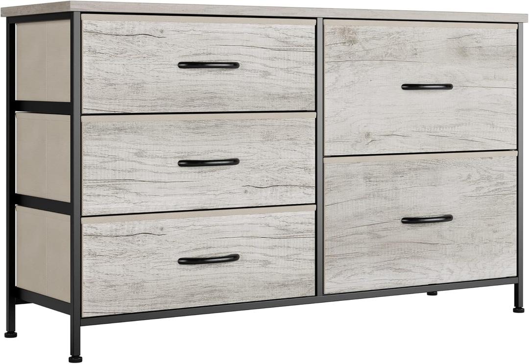 Nicehill Dresser for Bedroom with 5 Drawers Organizer, Wide Chest of Drawers for Closet, Clothes, Kids, Baby, TV Stand with Storage Drawers, Fabric Drawers, Light Wood Grain