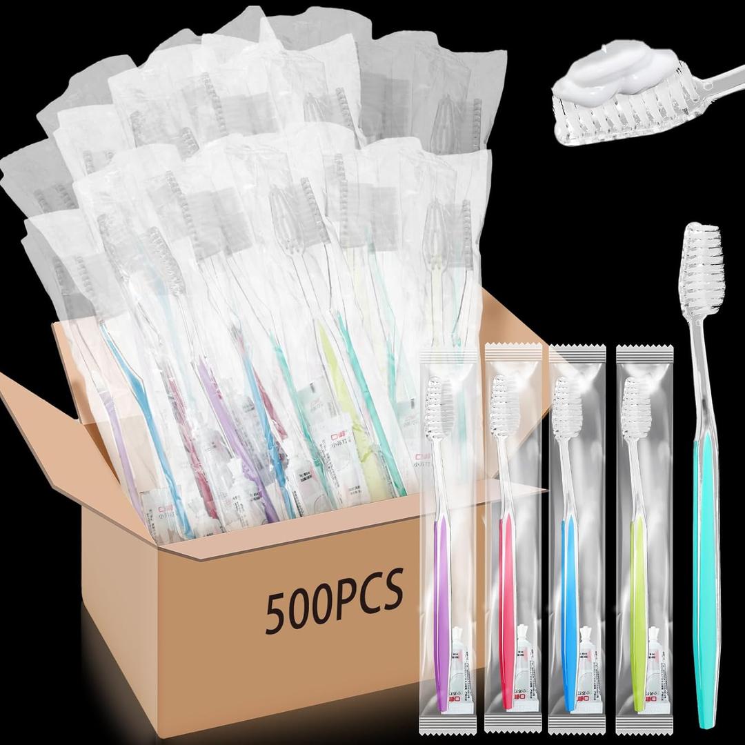 Maxcheck 500 Sets Disposable Toothbrushes Bulk with Toothpaste Individually Wrapped Homeless Supplies Travel Toothbrush for Hotel Camping School