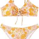 Women's Bikini Set Two Piece Front Tie V Neck Spaghetti Straps Swimsuit Summer Beach Sexy Floral Bathing Suit,  M