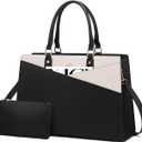 LOVEVOOK Laptop Tote Bag for Women, Leather Business Office Work Bag Computer Briefcase with Small Clutch fit for 15.6 Inch Laptop Black-Beige