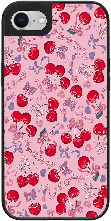 Case for iPhone 7/8/SE 2022(3rd)/2020(2nd), Trendy Aesthetic Pink Cherry Bow Pattern Print, Glossy Hard PC Back Soft TPU Bumper, Slim Shockproof Anti-Scratch Cover for Teen Girls Women
