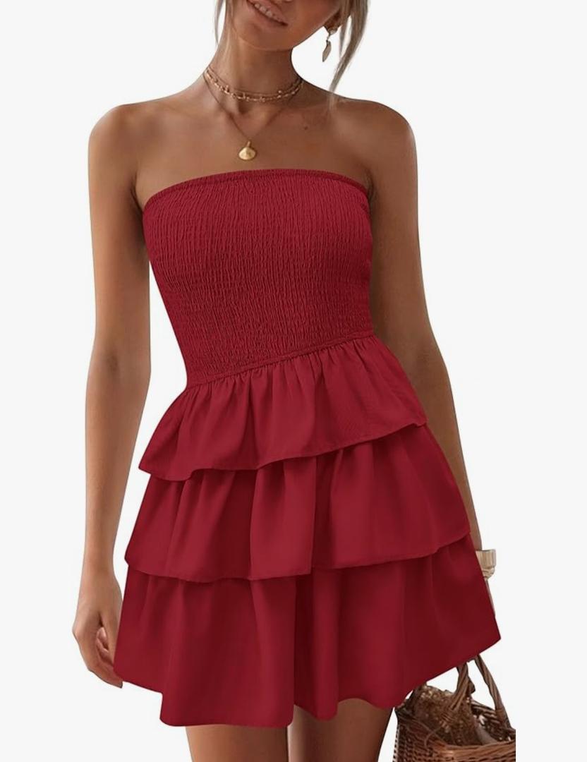 BTFBM Summer Dresses for Women Beach Dresses Strapless Boho Sundress Solid Color Tube Mini Dresses Party Dresses S