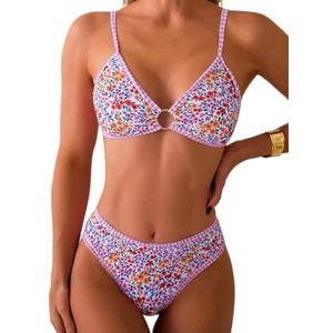 Tainehs Women's Two Piece Bikini Sets O Ring Front Top Ditsy Floral Triangle Swimsuits Cheeky Bathing Suit, Size Medium, Floral Pink