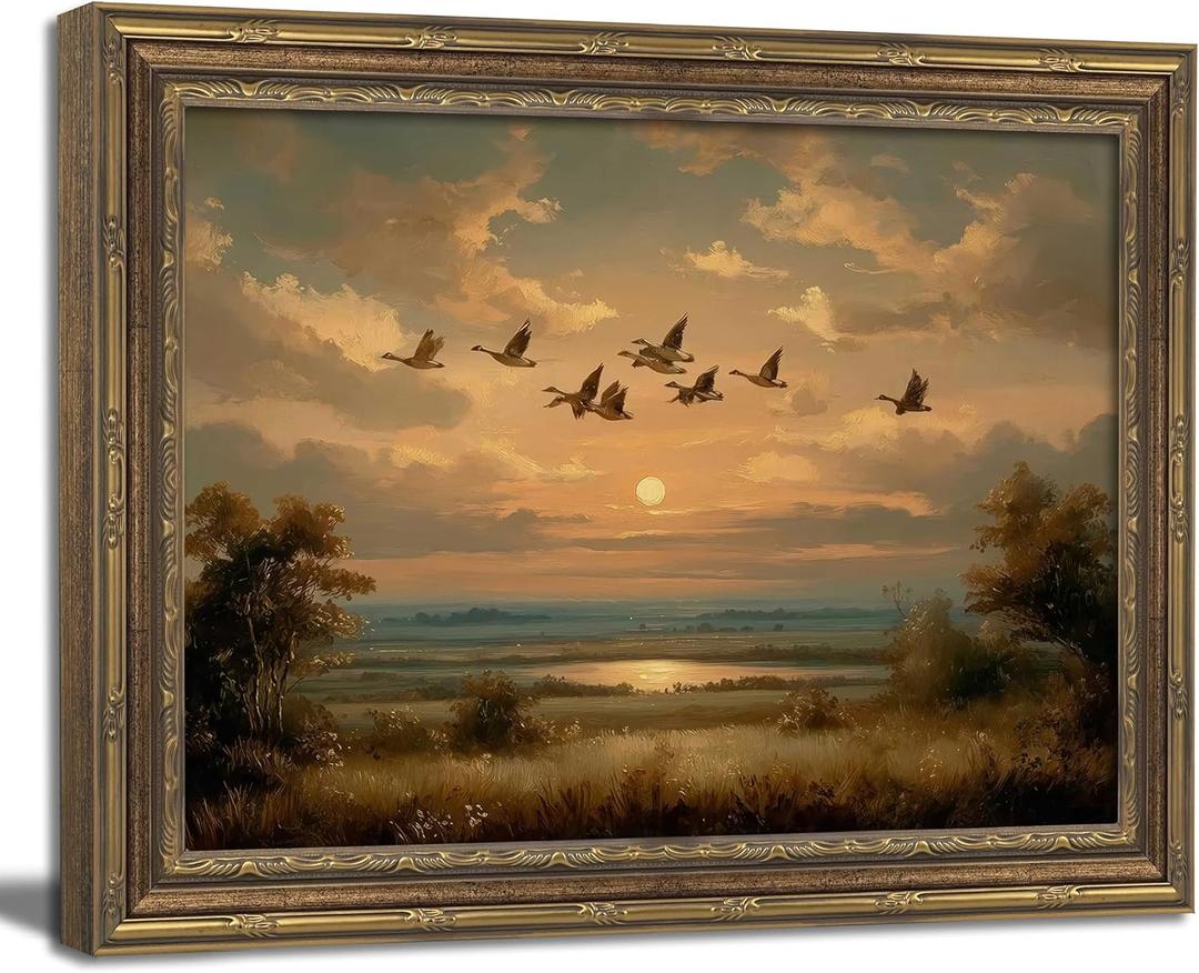 Vintage Gold Framed Wall Art, Vintage Autumn Birds Landscape Wall Art Decor - Rustic Farmhouse Flying Duck Picture Nature Cottagecore Gallery Canvas Prints for Living Room, Bedroom 12x16 Inch