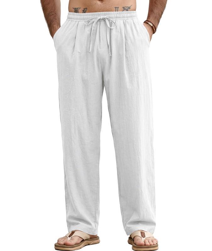PRIVIMIX Mens Breathable Linen Pants Loose Fit Cotton Casual Pants for Summer Beach with Elastic Waist Drawstring White L (White, L)