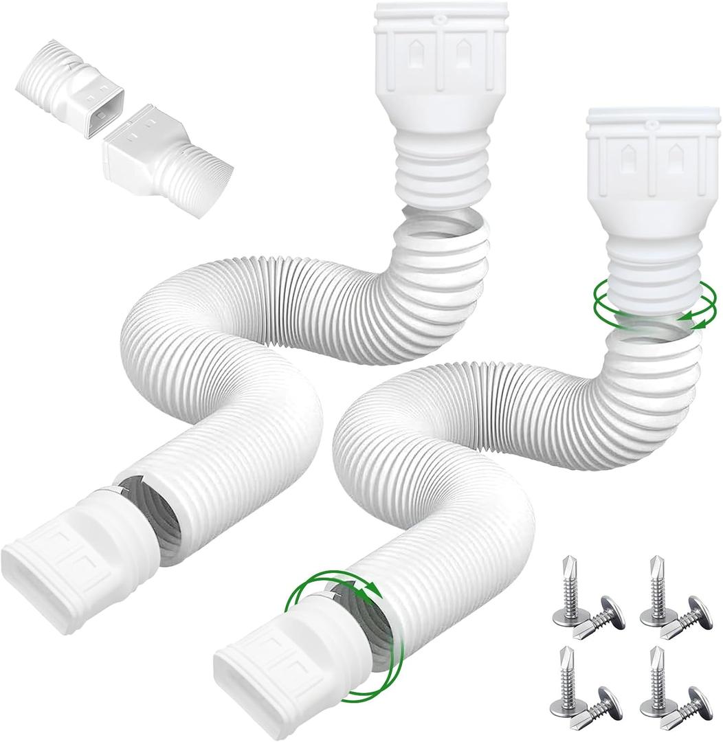 HomeBeyond Flexible Rain Gutter Downspout Extensions 21" to 60", Rainwater Drainage Diverter with Adapters and Screws, Heavy-Duty PE Drain Downspout Extender, Foundation Protection (2 Pack, White)