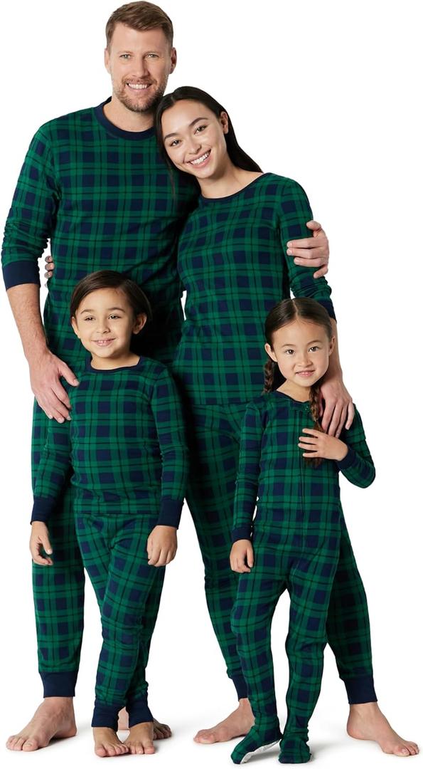 Amazon Essentials Matching Holiday Family Pajama Sets (3-6 Months, Dark Emerald Green Navy Plaid)