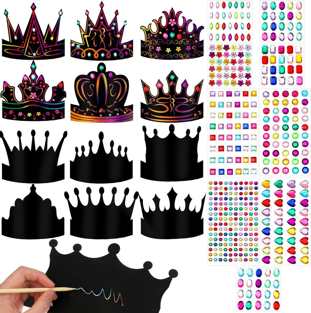 Yinder 130 Pcs Crown Party Favors Halloween DIY Crafts Set 48 Scratch Paper Crowns Headband Hats 24 Wooden Styluses 48 Elastic Bands 10 Sheet Colorful Gem Jewel Stickers