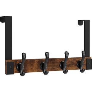 Homode Over The Door Hooks Heavy Duty, Wood Over Door Hanger Hook with Coat Hooks for Hanging Towels, Clothes, Hats, Bags - Rustic Brown Black