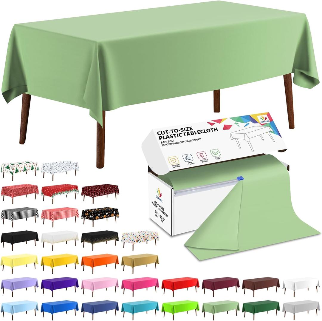 CXPSINC 54 Inch X 300 Feet Plastic Table Cover Roll Disposable Tablecloth with Slide Cutter for All Type/Shape Tables | Party, Banquet, Birthdays, Weddings(Sage Green, 300 Feet)