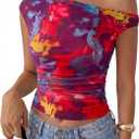PRETTYGARDEN Women's Off Shoulder Tops 2026 Summer Going Out Crop Tank Tops Asymmetrical Floral Mesh Tight Y2K Shirts Clothes (L)