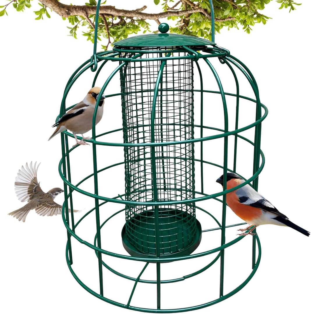Garden Guru Squirrel Proof Bird Feeder  Outdoor Caged Mesh Seed Peanut Hanging Bird Feeder for Small Wild Birds  Premium Coated Steel & Metal Seed Guard - Chew Proof, Weather Resistant