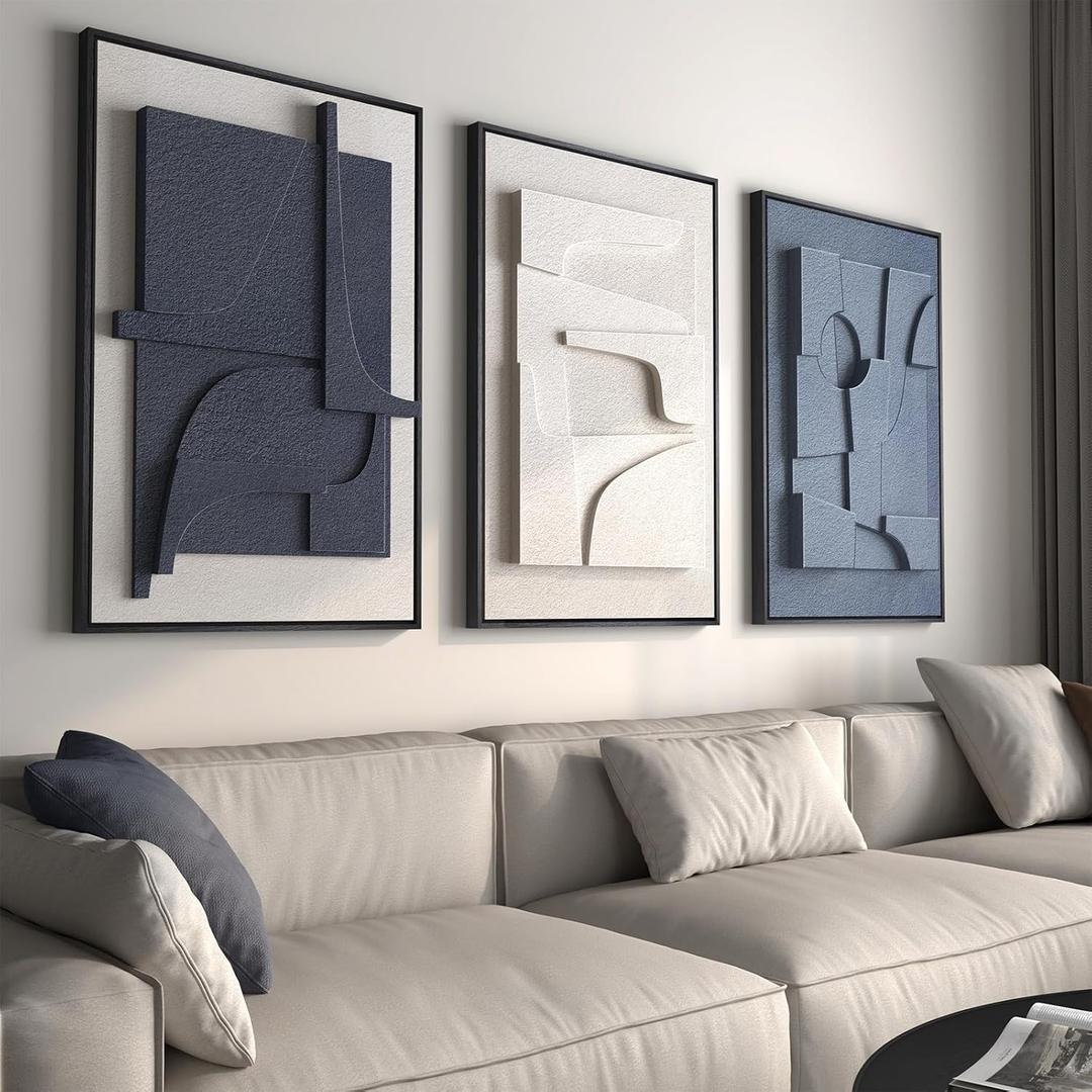 Large 3D Textured Framed Blue and White Abstract Wall Art for Living Room, 3 Piece Modern Artwork for Walls, Minimalist Navy Blue Geometric Paintings for Hallway, Stair, Office Wall Decor 24x36 In