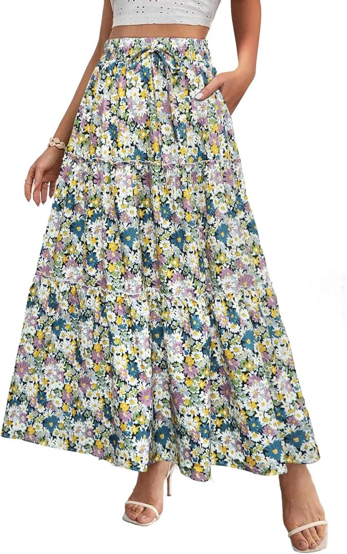 POPZONE Women Maxi Skirt Floral Boho Tiered Fall Summer Flowy Skirts Casual High Waist Long Skirts for Women (M)