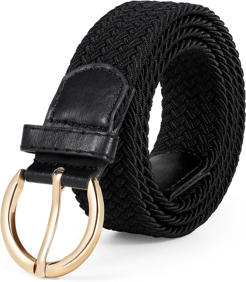 JASGOOD Women Men Braided Woven Elastic Stretch Waist Belt Golf Canvas Fabric Casual Belt for Jeans Pants (Black)