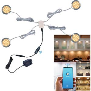 Smart LED Puck Lights with APP Control, Dimmable Cabinet Lighting with Bluetooth, Music Sync and Timer Function, Under Cabinet Lights, DC 12V Adaptor (Silver, Warm White Light, 4Pack)