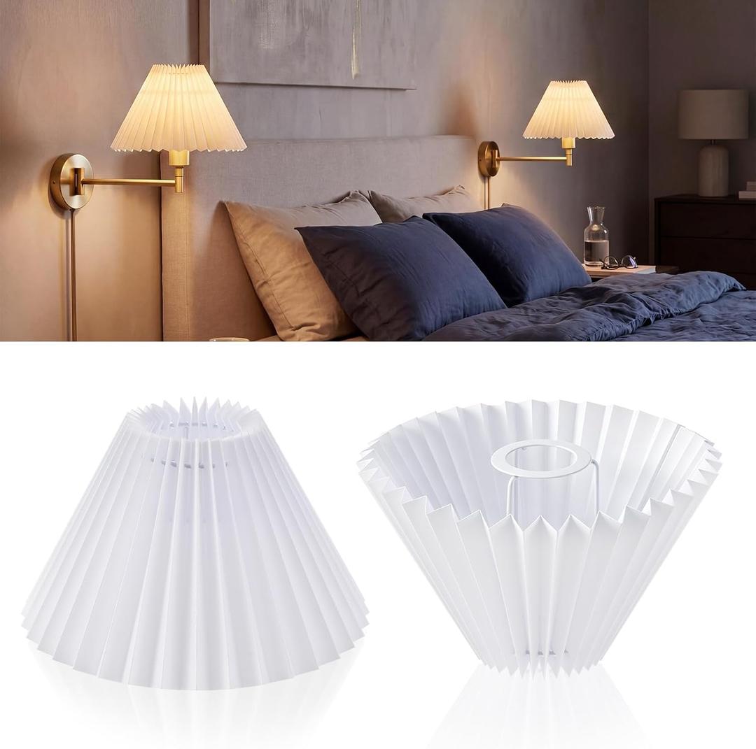 Teenyyou Small Lamp Shades Set of 2, White Pleated Lampshades, 3.1" Top x 8.5" Bottom x 5.1"high for E26/e27, Spider Replacement Shades for Vanity Light, Bedroom, Easy Install